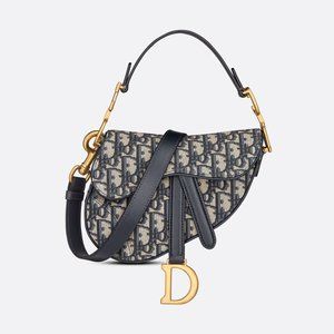 NWT Dior Mini Saddle Oblique Jacquard Bag with Strap | Navy/Beige | NEW